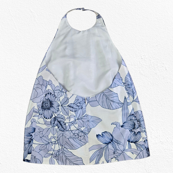 Keepsake Blue White Floral Satin Halter High Neck Backless Blouse Size XS - Picture 8 of 8